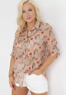 Koszule damskie - Pomarańczowo-Beżowa Koszula w Kwiaty z Podpinanymi Rękawami 3/4 Rosedris - miniaturka - grafika 1