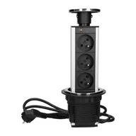 Gniazdka elektryczne - Gniazdo meblowe Ø8cm wysuwane z blatu, z maskownicą i przewodem 1,8m, 3x2P+Z, INOX - miniaturka - grafika 1