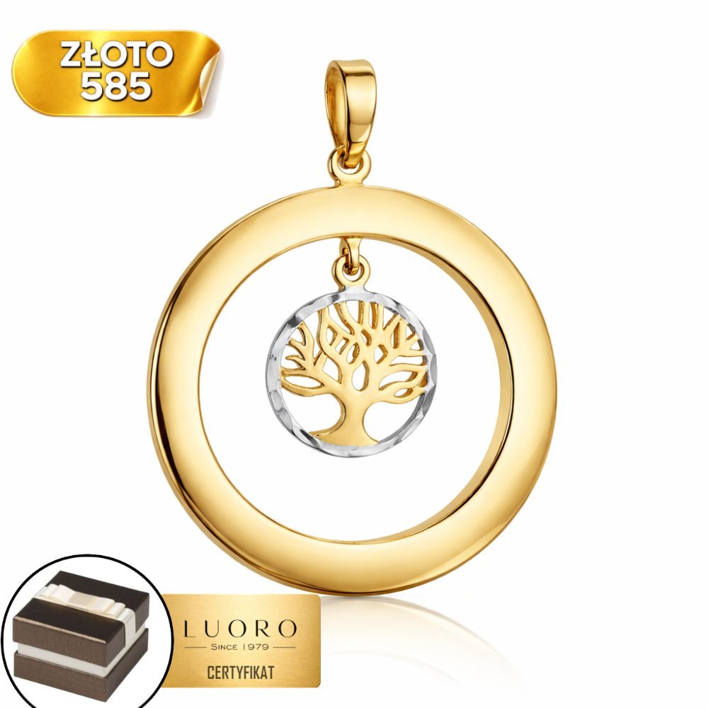 ZAWIESZKA ZŁOTA 585 14K DRZEWKO SZCZĘŚCIA W KÓŁKU BIAŁE ZŁOTO 3,2 CM