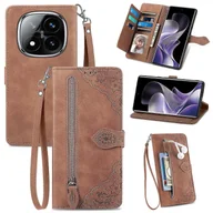 Etui i futerały do telefonów - Etui na telefon Xiaomi Redmi Note 14 Pro 5G z zamkiem błyskawicznym i nadrukiem kwiatowym, ze skóry PU - brązowe Wielobarwny Brown - miniaturka - grafika 1