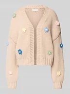 Swetry damskie - Kardigan rozpinany o kroju oversized z kwiatowym, ozdobnym obszyciem - miniaturka - grafika 1