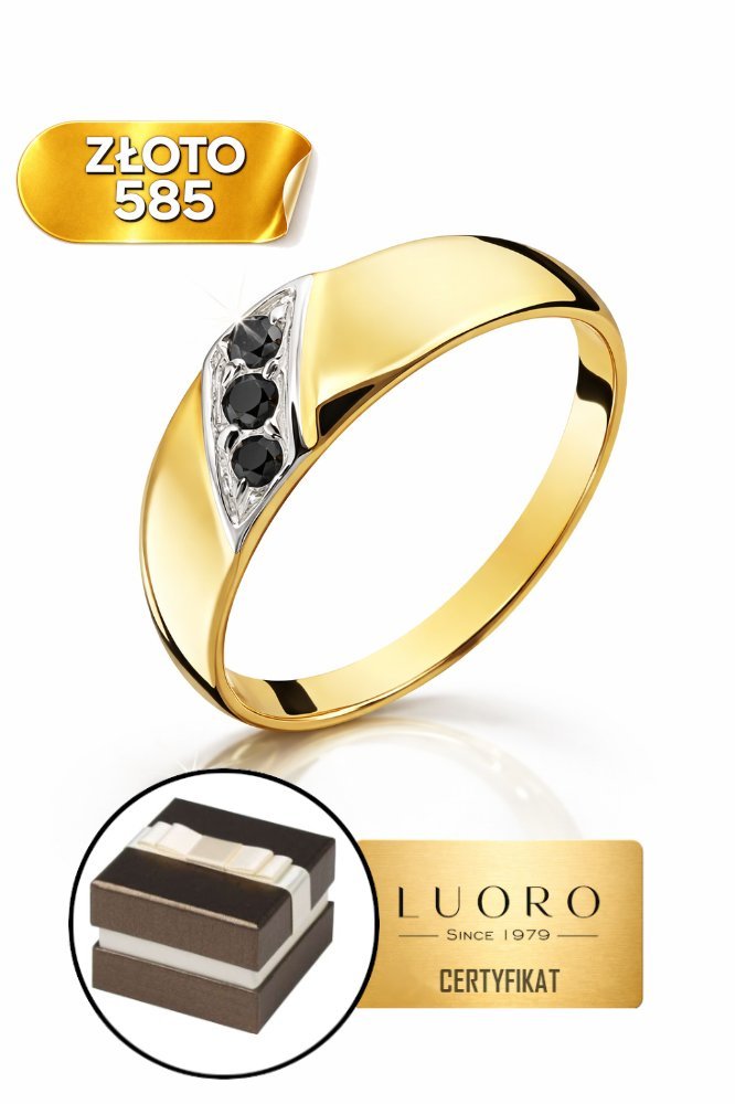 PIERŚCIONEK ZŁOTY 585 14K Z CZARNYMI KAMIENIAMI SZEROKOŚĆ 2,1 6 MM R13