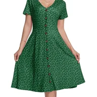 Sukienki - TEMU Elegancka Zielona Sukienka w Kropki z Przodu na Guziki i Krótkimi Rękawami - Dekolt w Serek, Płynna Spódniczka A-Linii dla Kobiet - Idealna na - miniaturka - grafika 1