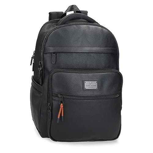 Pepe Jeans Egham Plecaki poliestrowe i szczegóły ze sztucznej skóry, czarny, Czarny (Black), Talla única, Regulowany plecak
