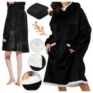 Bluzy damskie - Kocobluza Oversize z Kapturem XXL Gruby Koc Bluza Długa Futrzana Czarna - miniaturka - grafika 1