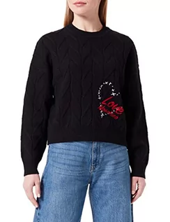 Swetry damskie - Love Moschino Damski sweter oversize Fit z długim rękawem okrągły dekolt z sercem i logo, emblemat, czarny, 38 - grafika 1