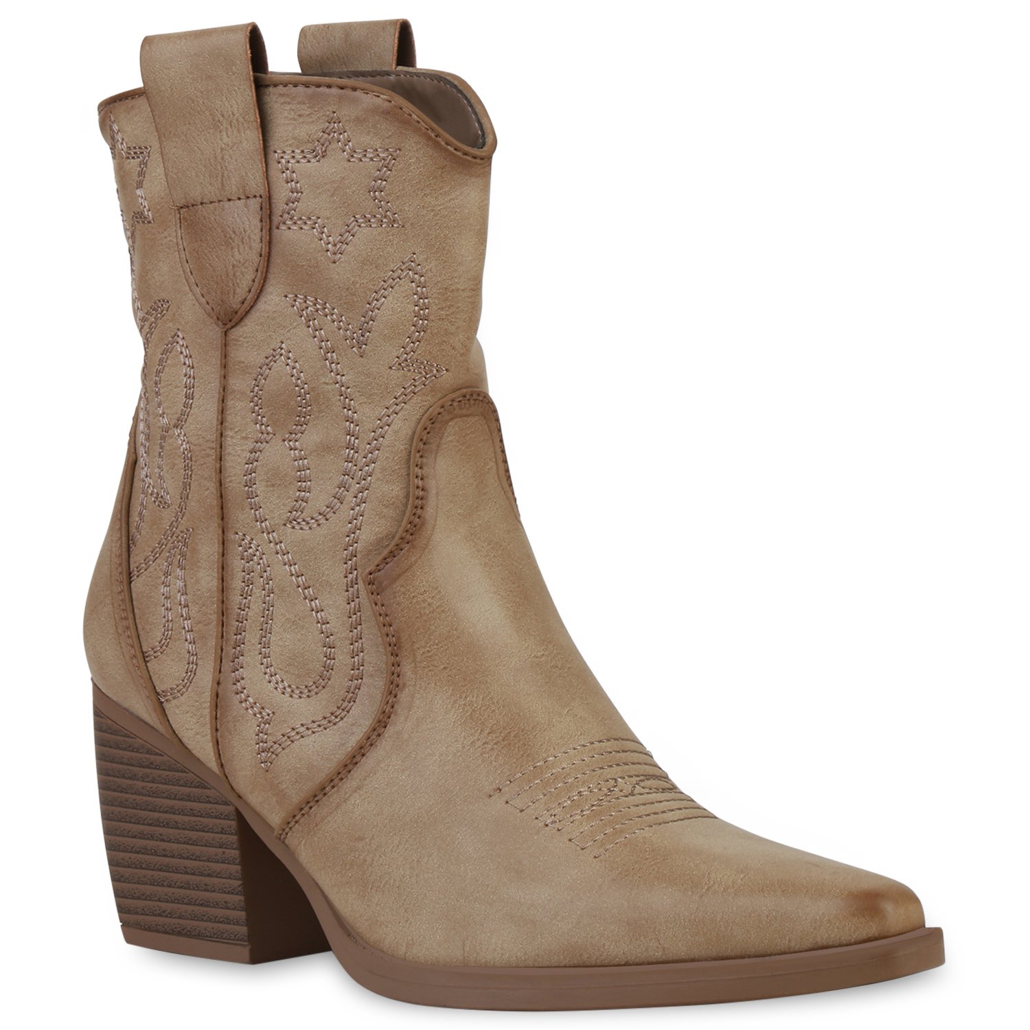 VAN HILL damskie botki do kostki kowbojki buty lejek pięta haftowane buty 837779, Kolor: Khaki, Rozmiar: 38