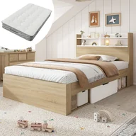 Łóżka dla dzieci i młodzieży - Łóżko dziecięce 90 x 200 cm z 2 szufladami i przegródkami - Płyta wiórowa i drewno lite - Dąb + biały (Z materacem) - miniaturka - grafika 1