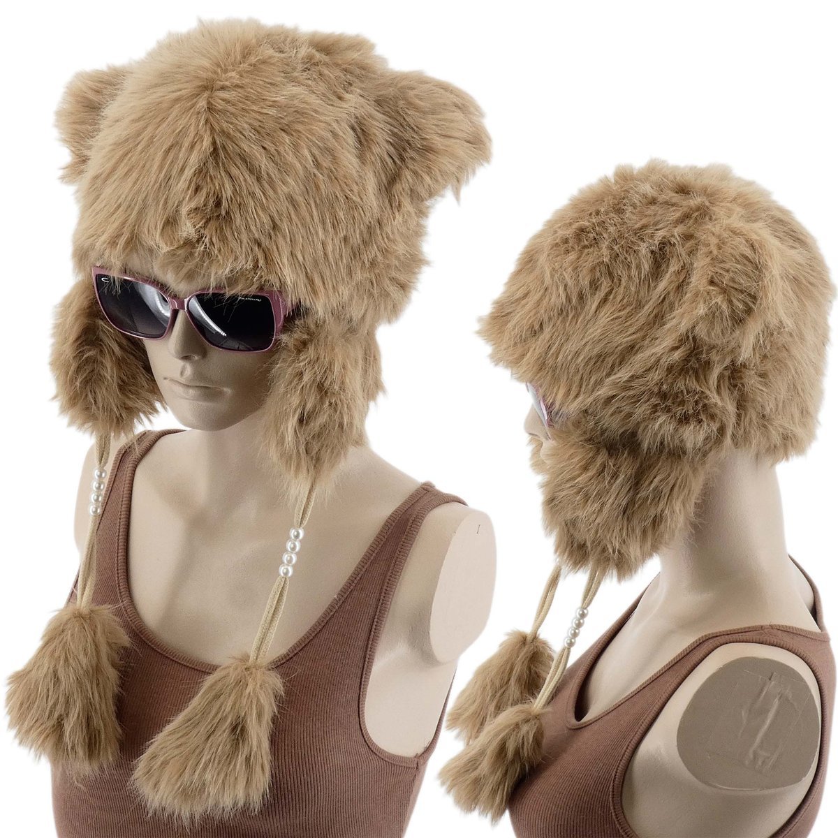 Ciepła Zimowa Czapka Damska Z Futerkiem Brązowa Kotki Kocie Uszka Pompony