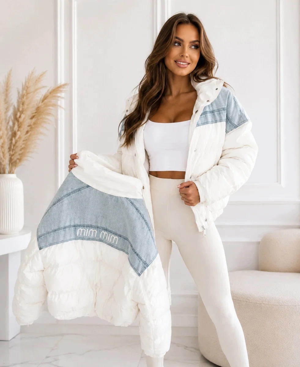 Kurtka Damska MIN MIN Oversize Biała z Jeansowymi Wstawkami M/L PREMIUM