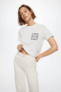 Koszulki i topy damskie - Mango t-shirt bawełniany Pstext kolor biały - grafika 1
