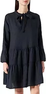 Sukienki - Bonateks, Krótka sukienka z wiązanym kołnierzem tunezyjskim i marszczonym tyłem, 100% len, rozmiar DE: 42 rozmiar US: XL, granatowa - wyprodukowano we Włoszech, niebieski, 42 - miniaturka - grafika 1