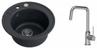 Zlewozmywaki z baterią - Quadron Zlewozmywak granitowy jednokomorowy 51*51*22 cm MORGAN 210 BLACK DIAMOND ze stalowym odpływem z baterią NATALIE Q LINE kolor stal szczotkowana - miniaturka - grafika 1