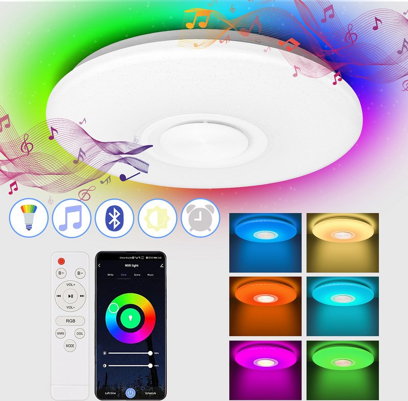 Lampy sufitowe LED Jiubiaz 36W z głośnikiem Bluetooth i aplikacją na smartfona, ściemnialna muzyka RGB z regulacją temperatury barwowej, lampa sufitowa starlight