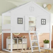 Łóżka dla dzieci i młodzieży - Łóżko piętrowe 90x200 cm z litego drewna - z drabinką - kształt dachu - białe - miniaturka - grafika 1
