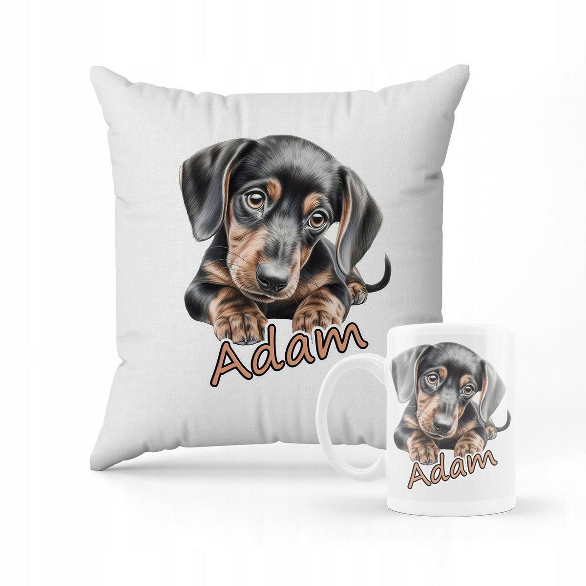 ZESTAW PODUSZKA + KUBEK Prezent pies jamnik + IMIĘ