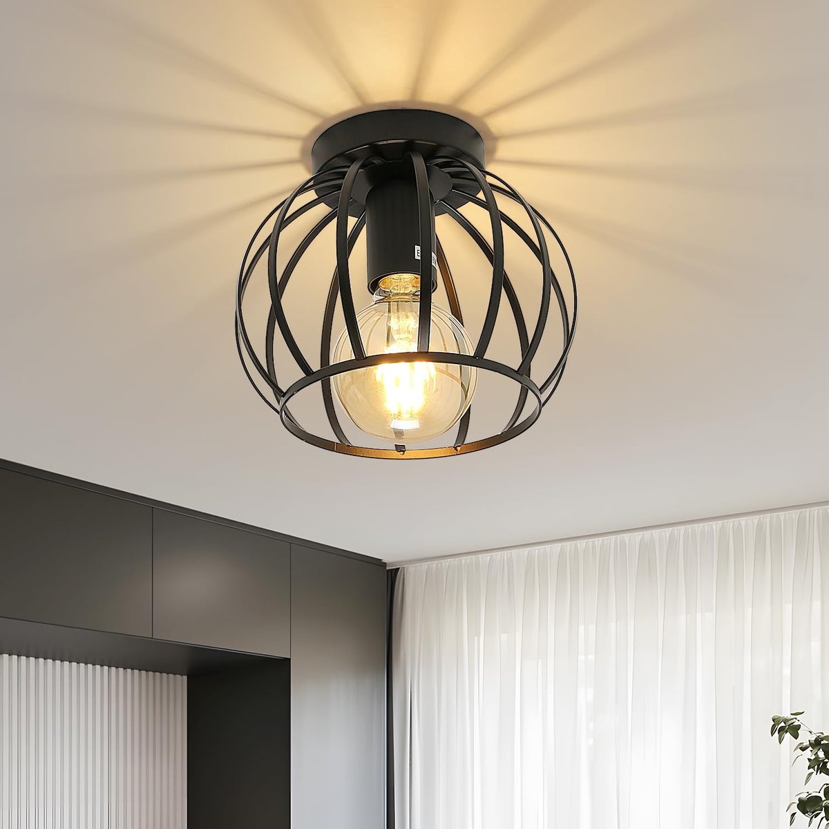 Comely Lampa Sufitowa Vintage Retro Żyrandol Metalowa E27 Czarna 16x19 cm