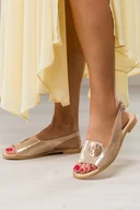 Sandały damskie - Beżowe sandały skórzane damskie satynowe na cholewce złota ozdoba z cyrkoniami PRODUKT POLSKI Casu 521 - miniaturka - grafika 1