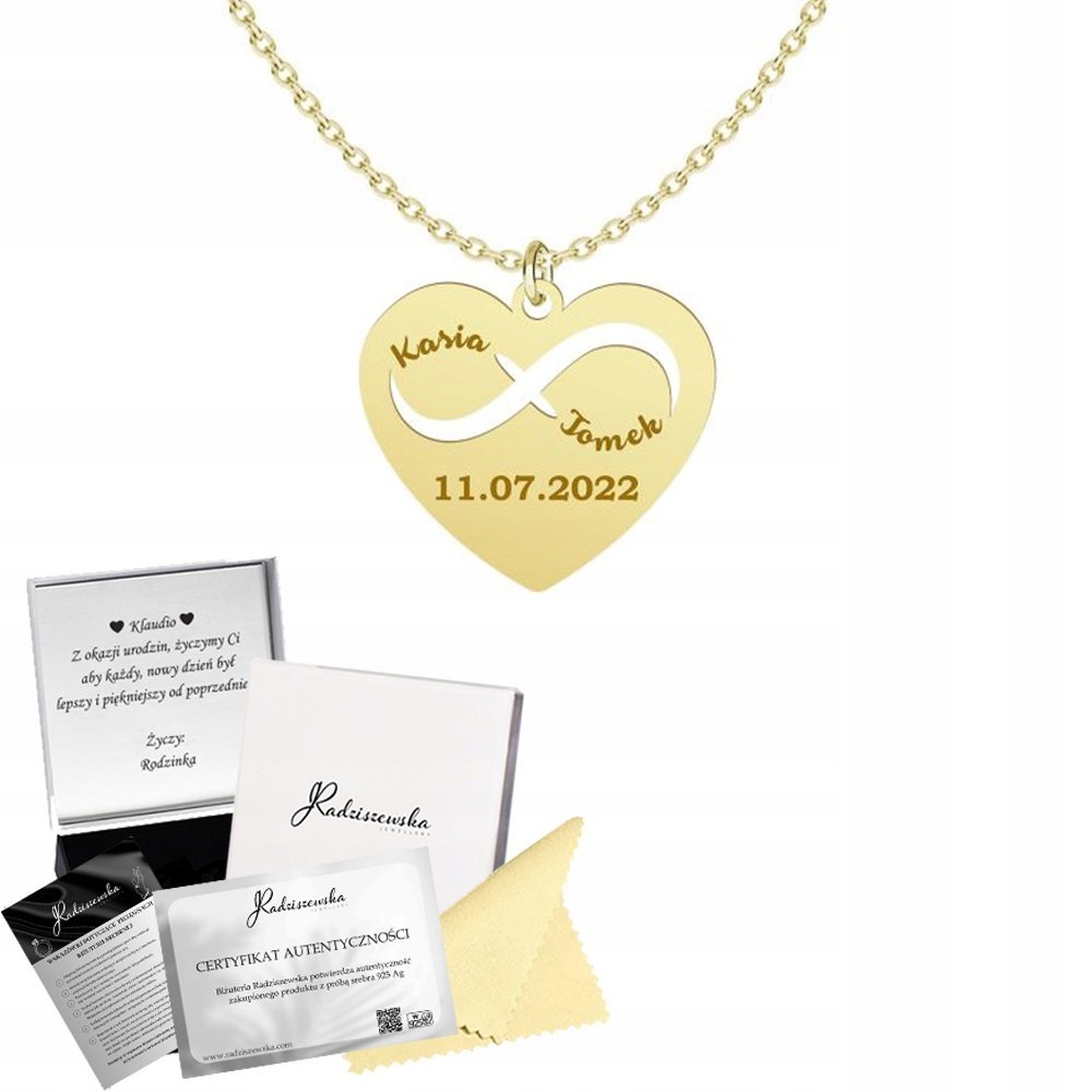 Złoty Naszyjnik Serce Imiona Data Prezent Rocznica SREBRO 925 GRAWER GRATIS