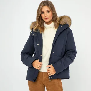 Damska kurtka puchowa z futerkowym kapturem granatowa - Kurtki damskie Damska kurtka puchowa z futerkowym kapturem granatowa - Kurtki damskie - miniaturka - grafika 1