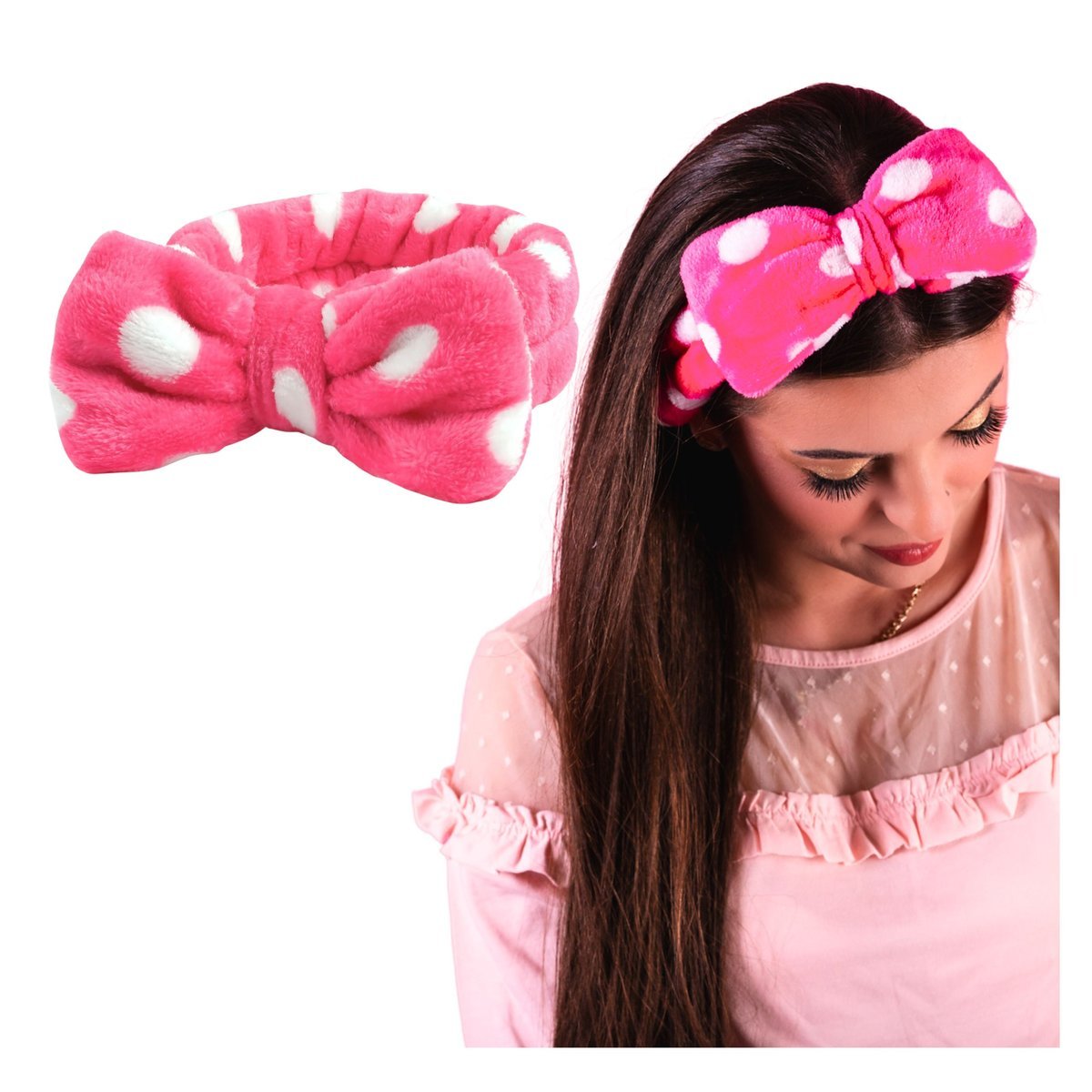 Opaska Kosmetyczna Różowa do Makijażu z Kokardą w Kropki Elastyczna Miękka