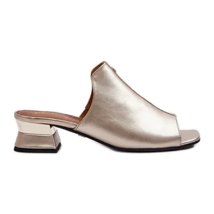 Eleganckie Klapki Damskie Ze Skóry Naturalnej Na Niskim Obcasie Maciejka 06360-25 Złote złoty - Klapki i japonki damskie - miniaturka - grafika 1