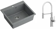 Zlewozmywaki z baterią - Quadron Zlewozmywak granitowy jednokomorowy 57*50*22 cm MORGAN 110 SILVER STONE ze stalowym odpływem z baterią GEMMA Q LINE SLIM z ruchomą wylewką kolor stal szczotkowana/biały wąż - miniaturka - grafika 1