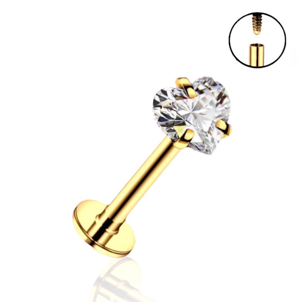 Tytanowy Złoty Labret z cyrkonią SERCE 1,2/10/3