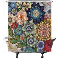 Zasłony prysznicowe - Zasłona prysznicowa – Wielokolorowe kwiaty – Sztuka naturalna – 180 x 180 cm – Zmywalna – Odporna na pleśń – Wodoodporna – Z 12 pierścieniami – Czerwo - miniaturka - grafika 1