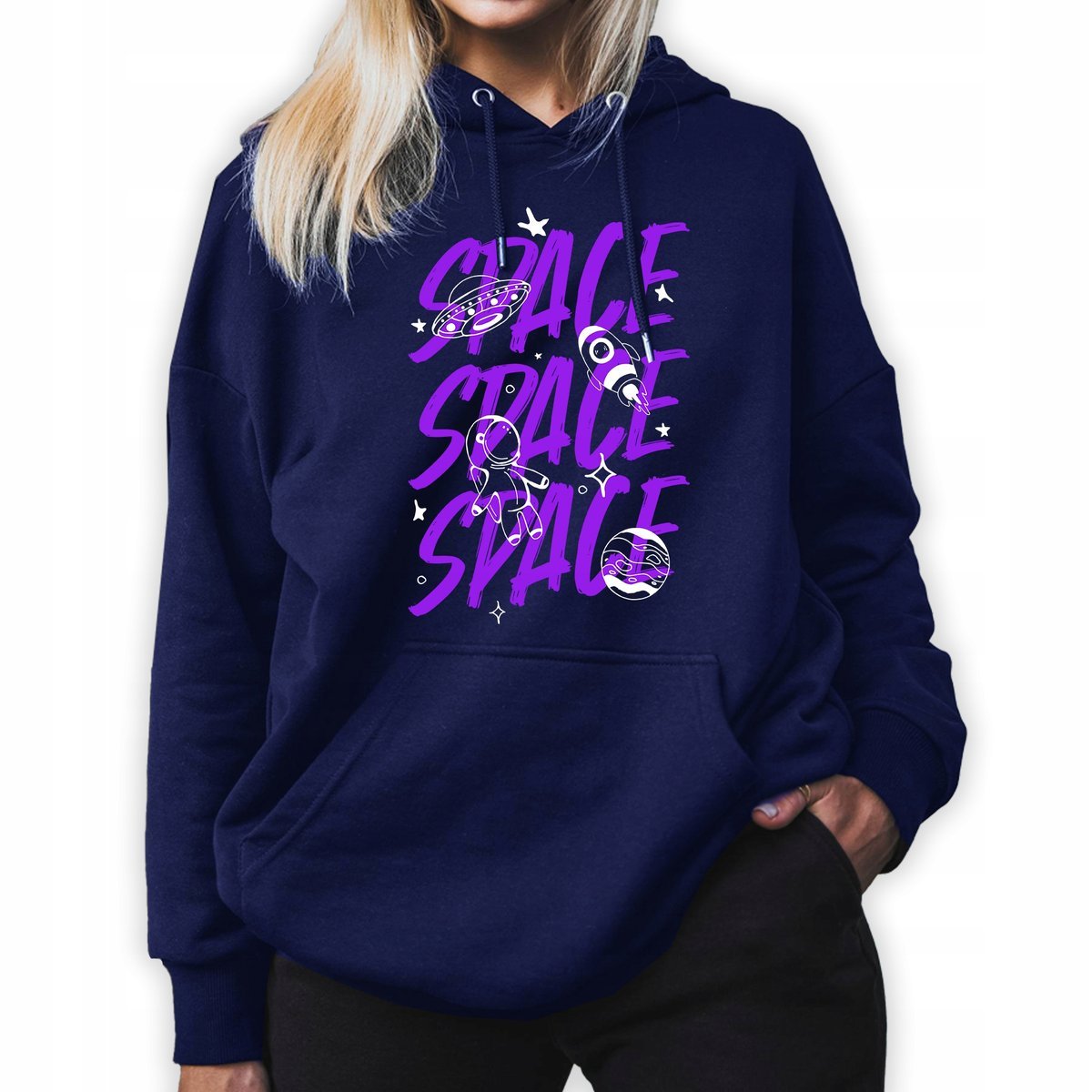 Bluza Z Kapturem Granatowa SPACE SPACE Młodzieżowe Trendy Styl Wzory Rozm S