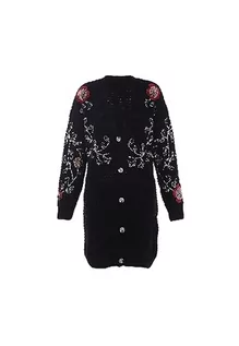 Swetry damskie - faina Damski średniej długości, modny kardigan z cekinami i kwiatowym wzorem, czarny, rozmiar M/L, czarny, XL - grafika 1