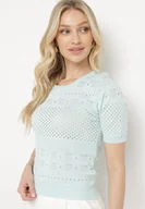 Bluzki damskie - Miętowa Ażurowa Bluzka z Krótkim Rękawem Alirada - miniaturka - grafika 1