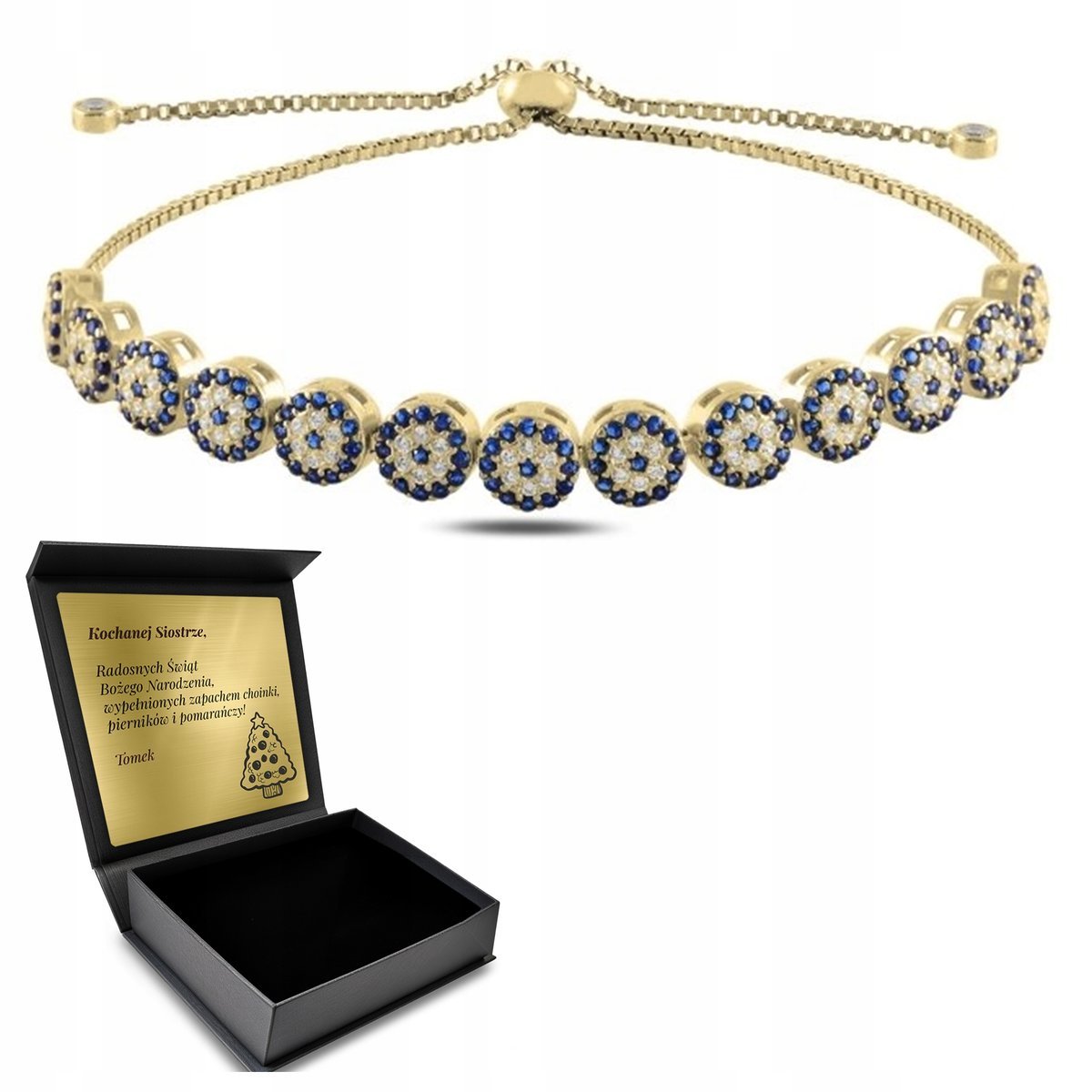 Srebrna Bransoletka Oko Proroka Z Cyrkoniami Regulowana +Grawer