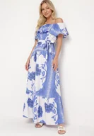 Sukienki - Niebiesko-Biała Sukienka Typu Hiszpanka z Gumką w Pasie i Materiałowym Paskiem Ozdobiona Falbanką Woneri - miniaturka - grafika 1