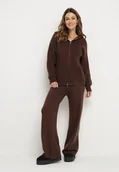 Komplety damskie - Brązowy Komplet z Wełną i Bawełną Szerokie Spodnie i Rozpinana Bluzka z Kapturem Reikania - miniaturka - grafika 1