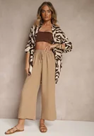 Spodnie damskie - Ciemnobeżowe Spodnie z Bawełny Typu Palazzo z Gumką w Talii Fieana - miniaturka - grafika 1