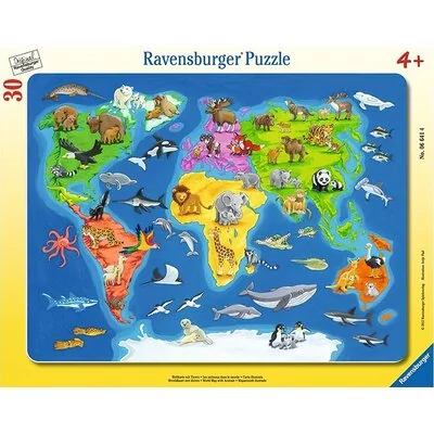 Ravensburger Puzzle w ramce Mapa świata ze zwierzętami, 30elementów 06641