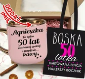 Gadżety dla niej i dla niego - Zestaw prezentowy na 50 urodziny - kubek na 50 z imieniem oraz torba - miniaturka - grafika 1