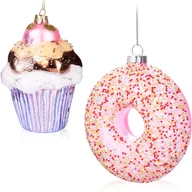 Bombki - BRUBAKER Zestaw bombek choinkowych Muffin & Donut - Ręcznie malowane bombki świąteczne Sweet w kolorze różowym - Szklane ozdoby choinkowe dmuchane - Słodkie ozdoby choinkowe Funny - 2-częściowy zestaw ozdób choinkowych - miniaturka - grafika 1