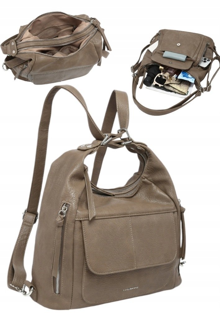 Damski Plecak Torebka Shopper 2w1 LUIGISANTO Ciemno Beżowa Dwukomorowa