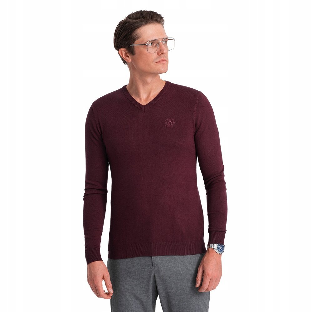 Klasyczny męski sweter bordowy dekolt w serek V-neck V13 OM-SWBS-0107 XXL