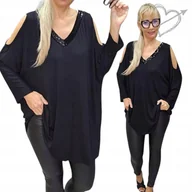 Bluzki damskie - ELEGANCKA CZARNA TUNIKA cyrkonie odkryte ramiona WISKOZA 50 52 5XL 6XL - miniaturka - grafika 1