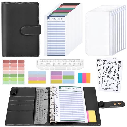 Euqvunn Budget Binder, Budget Planner A6 z kopertami na gotówkę, regulowane zapięcia, portfel do oszczędzania pieniędzy, dla organizatora pieniędzy, segregator A6 książeczka oszczędnościowa - Czarny