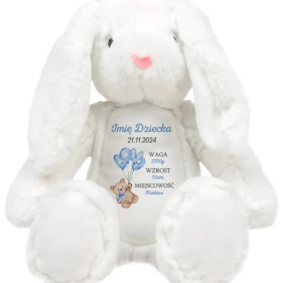 KRÓLIK PLUSZAK Dla Dziecka Personalizwoane GODZINY NARODZIN Niebieskie Wz