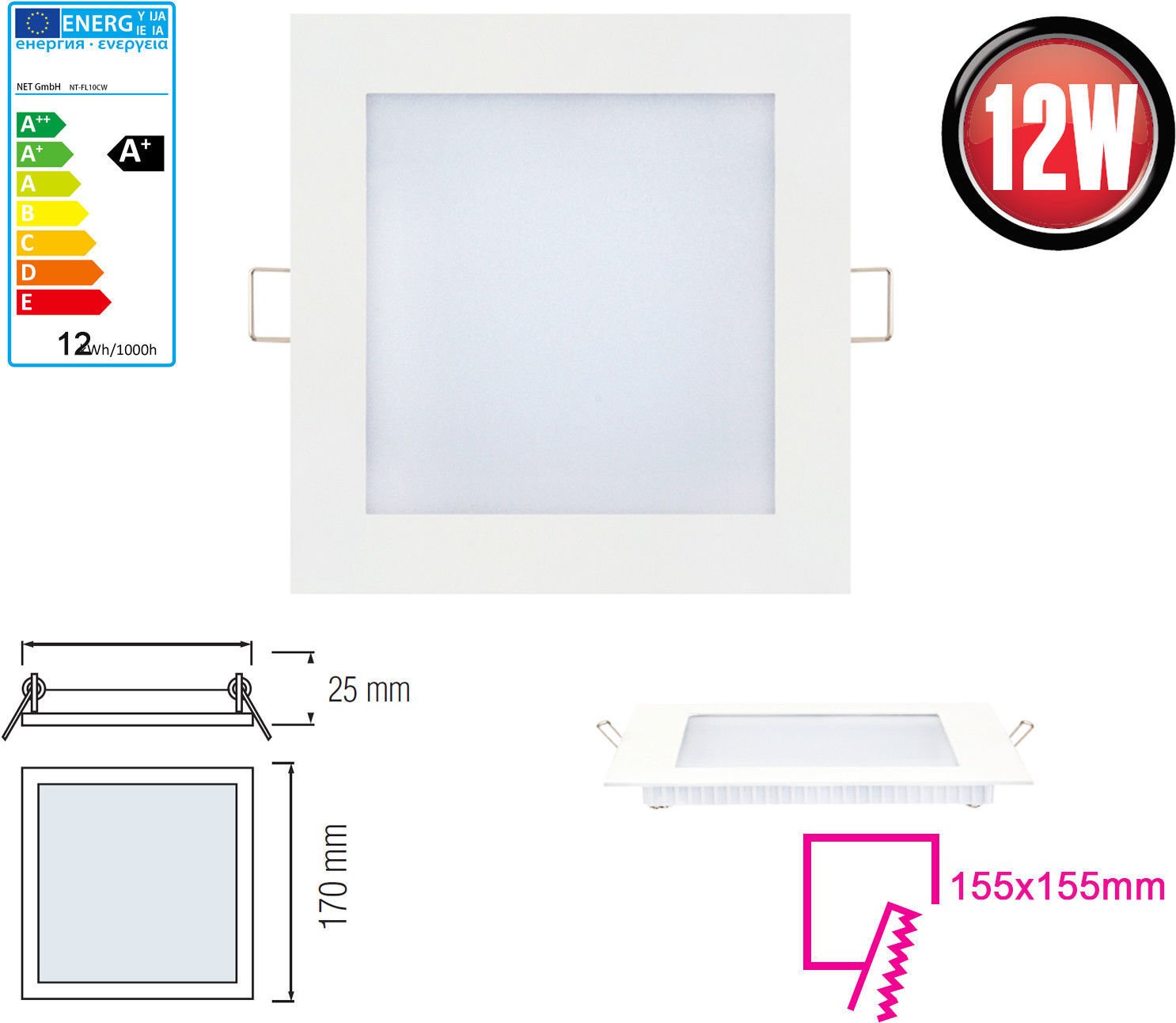 1x 12W panel LED 170 x 170mm reflektor wpuszczany światło wpuszczane zimna biel 910 lumenów lampa sufitowa kątowa
