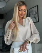 Bluzki damskie - Elegancka Bluzka Szyfonowe Rękawy Bufki Guziki Dekolt V Beż L - miniaturka - grafika 1