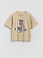 Koszulki dla dziewczynek - Reserved - Bawełniany t-shirt z nadrukiem - beżowy - miniaturka - grafika 1