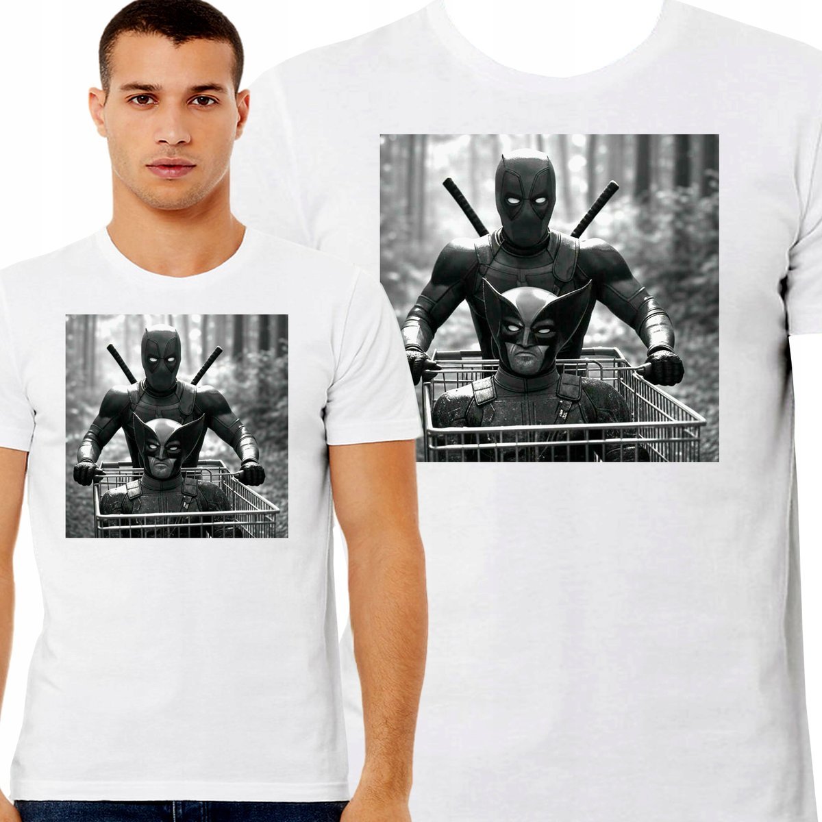 ŚMIESZNA KOSZULKA MĘSKA DEADPOOL PCHAJĄCY WÓZEK WOLVERINE HUMOR XL 3442