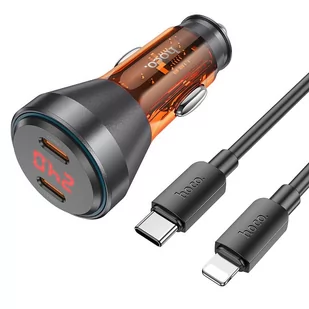 HOCO ładowarka samochodowa 2 x Typ C QC 30W z wyświetlaczem + kabel Typ C do Lightning PD60W NZ12C transparentna pomarańczowa - Akcesoria do smartwatchy - miniaturka - grafika 1