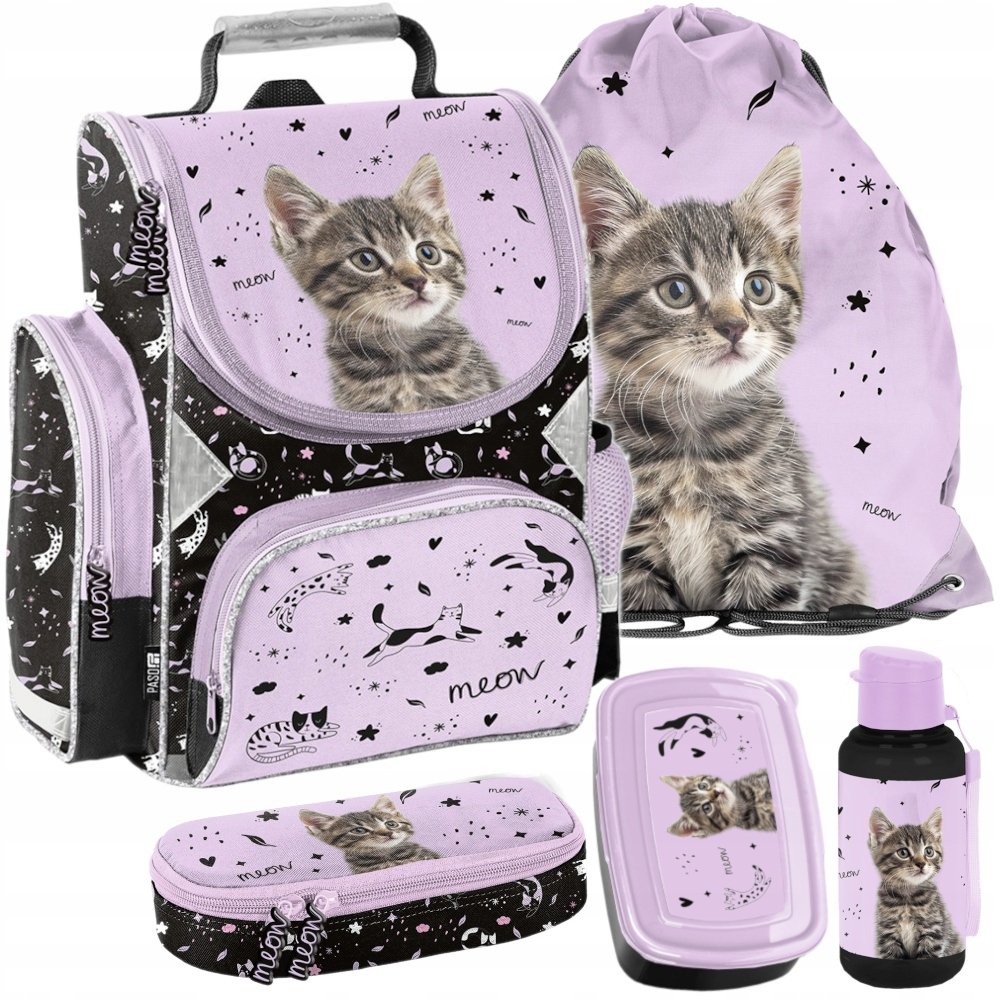 Tornister dla dziewczynki plecak szkolny Kot z kotem Paso Zestaw 1-3 klasa